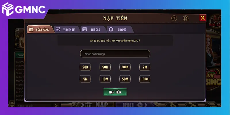 Giao diện nạp rút tiền được tối ưu thao tác